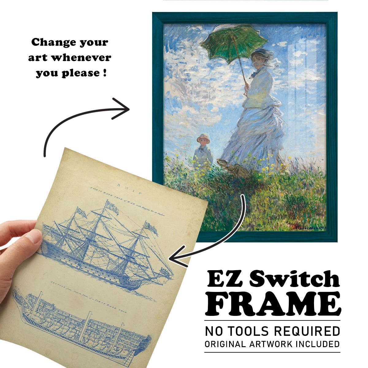 Vintage Ship Blueprint -Framed Print w/glass-Ocean Blue