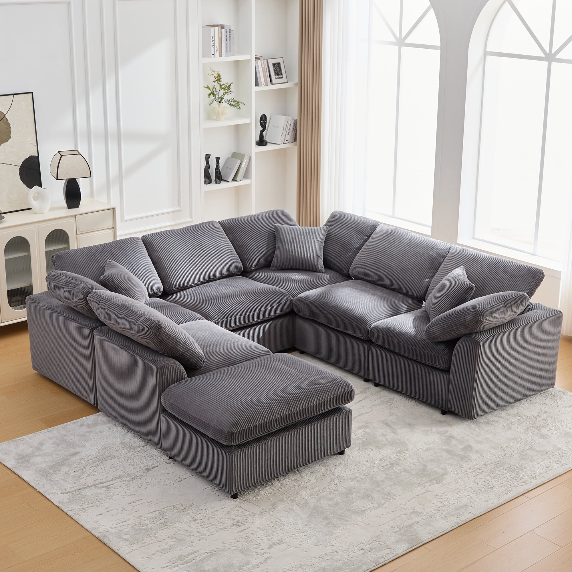 BINBANK Oversized 7-Seater Modular Sectional Sofa with Solid Wood Frame, Corduroy L-Shaped Sectional Couch with Movable Ottoman  Gray