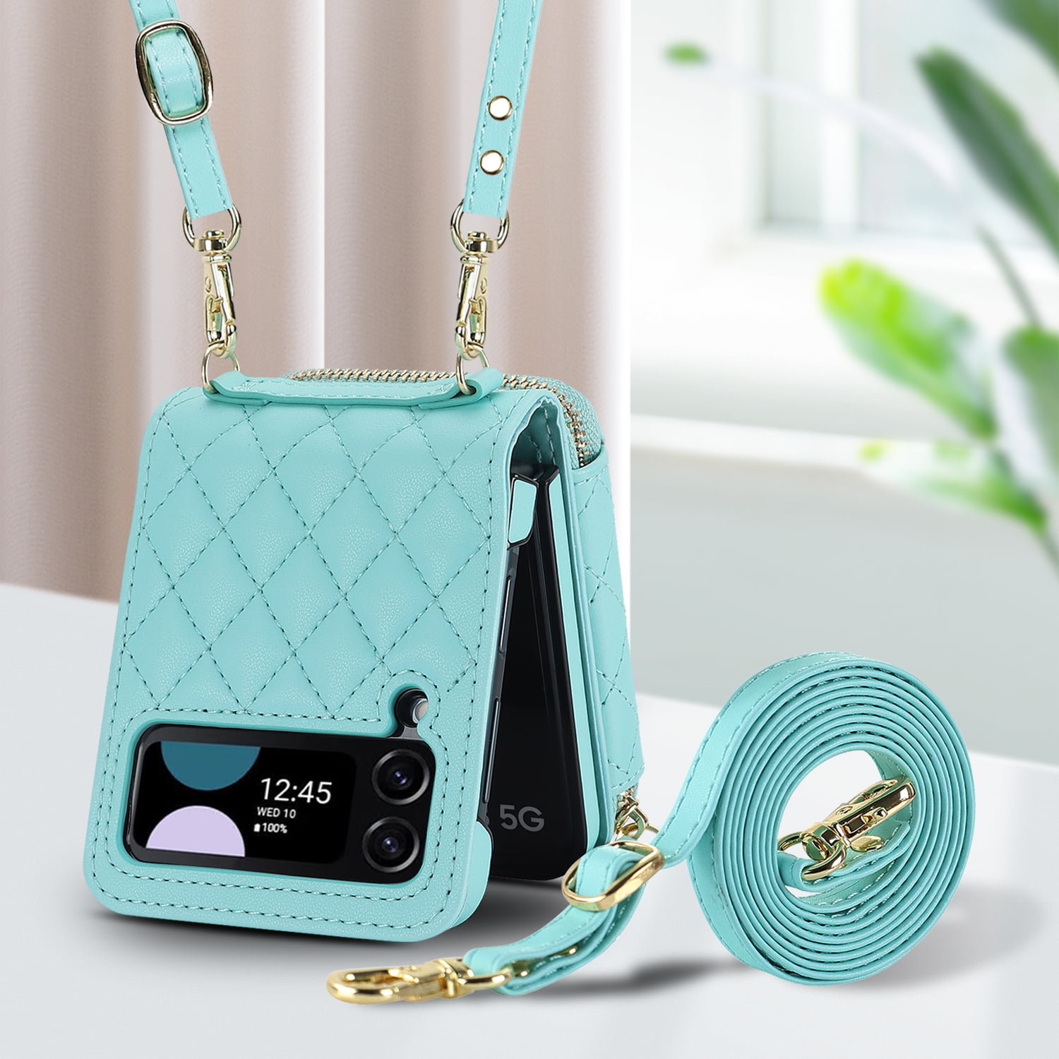 Dteck for Samsung Galaxy Z Flip 4 Case with Card Holder RFID Blocking, Crossbody Wallet Case for Z Flip4 with Adjustable Strap, Zipper Purse Leather Handbag Case Compatible with Galaxy Z Flip4,Mint