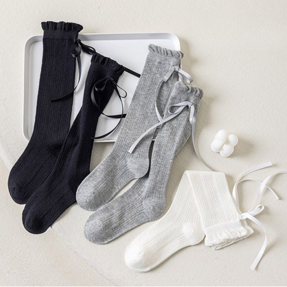 Girls Knee High Socks Lightweight Knitting Stocking Ruffle Crew Solid Color Long Socks Cut Bow Kids Toddler Dress Sock