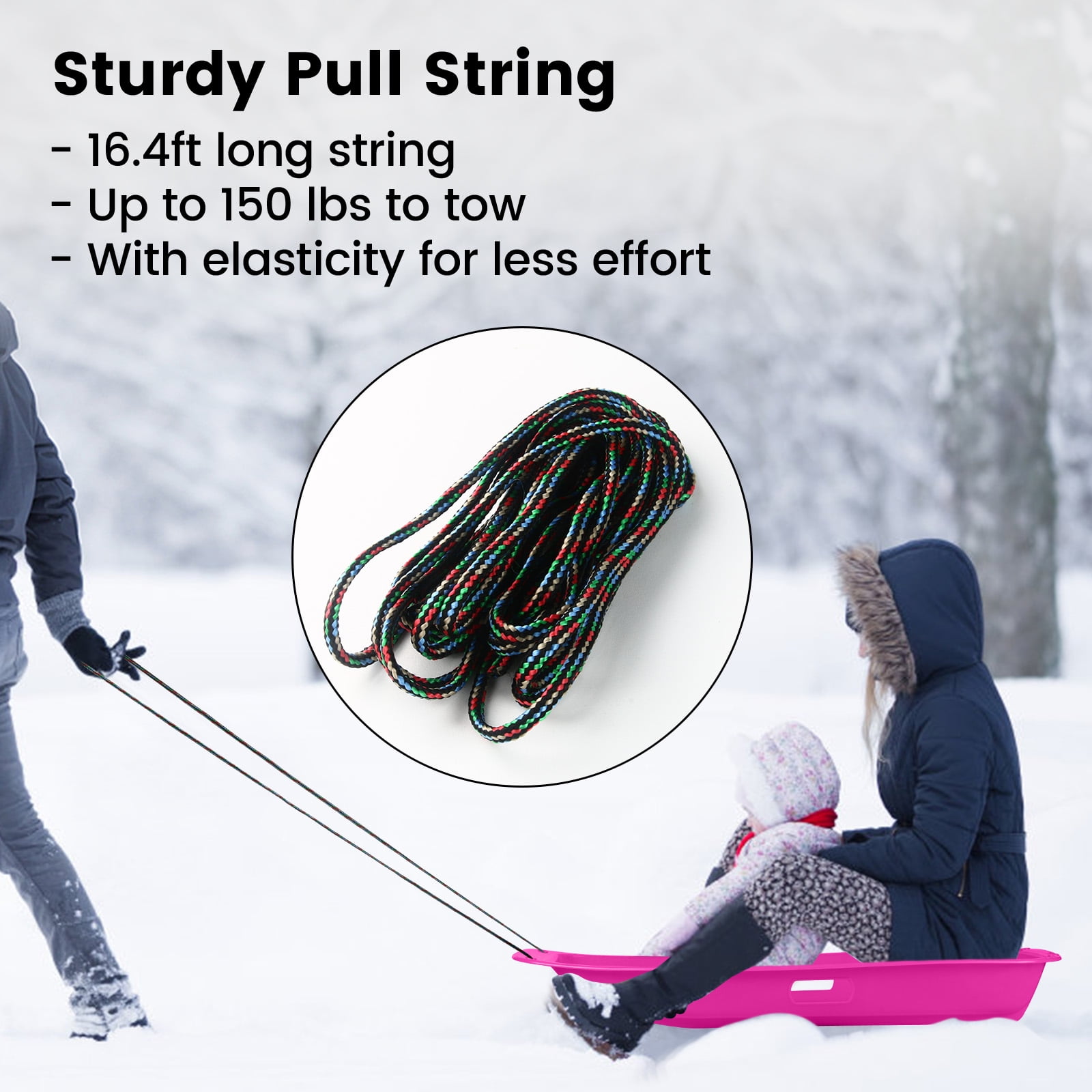 Pink Toboggan Sled, 3FT Heavy-Duty Snow Sled with Built-in Handles and Tow Rope for Family Winter Fun, Gifts for Children