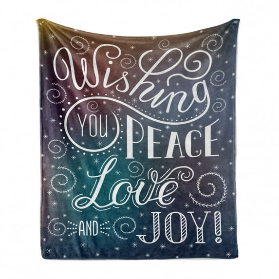 Saying Soft Flannel Fleece Throw Blanket, Christmas Themed Typographic Image with Wishing You Peace Love and Joy Lettering, Cozy Plush for Indoor and Outdoor Use, 60" x 80", Multicolor, by Ambesonne