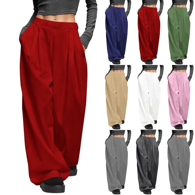 Pincandy Women's Fashion Casual Solid Color Ruched Elastic Waist Pants - Loose Fit for Outdoor Activities