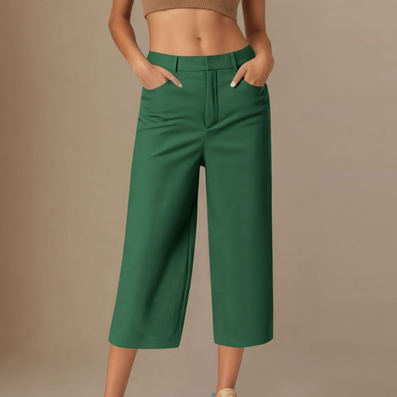 Qulqfy Womens Capris Green Stretch Flat Front Dressy Casual Capris High Waisted Summer Pants with Pockets Women Dress Pants L