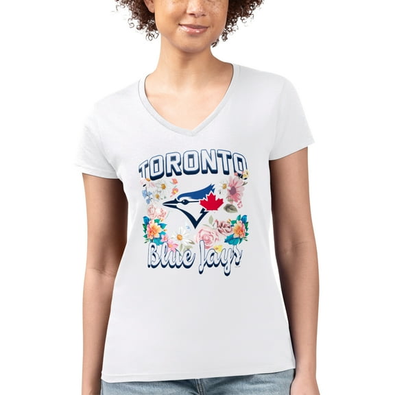 Women's G-III 4Her by Carl Banks White Toronto Blue Jays Super-Slim Fit Lightweight Flowers Graphic V-Neck T-Shirt