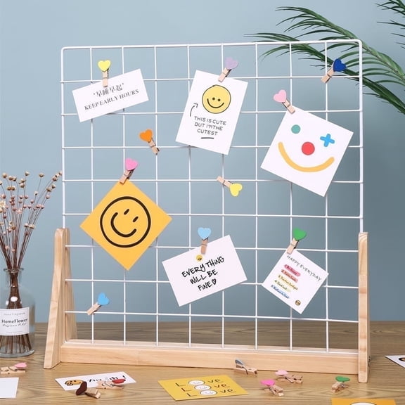 Wooden Base Grid Display Stand, Desktop Metal Wire Photo Holder with Clips, Minimalist Picture Organizer for Photos, Artwork, Notes, Countertop Display Gift, 14.6x14.6 Inch Wire Wall Grid