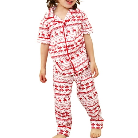 

Nokpsedcb 2PCS Men Women Kids Baby Boys Girls Christmas Family Pajamas Set Deer Snowflake Print Long Sleeve Lapel Neck Tops+Trousers Red Kids 3-4 Years