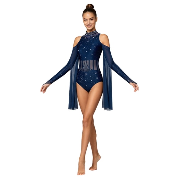 SiiRoh Womens Gymnastics Ballet Lyrical Dance Leotard Glitter Rhinestone Cold Shoulder Long Sleeves Sheer Mesh Waist Bodysuit Dancewear Navy Blue XXL