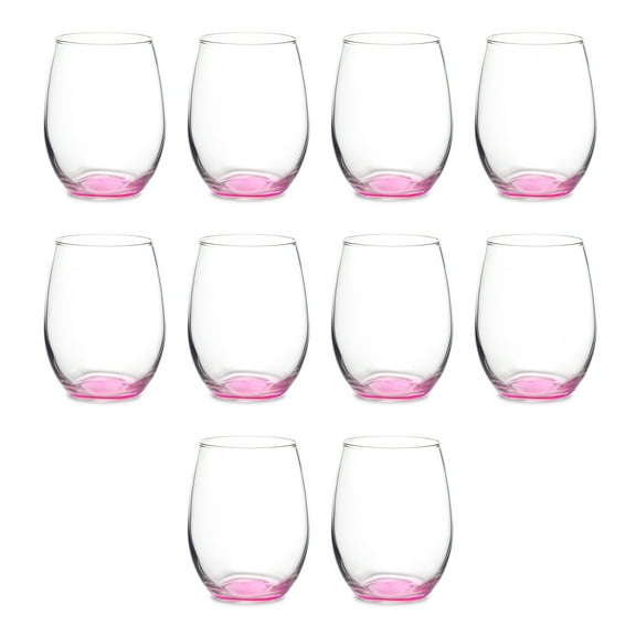 Stemless Wine Glasses in Bulk by ARC Perfection, 15 oz, 10 pack, Red or White Wine Glass Set, Pink