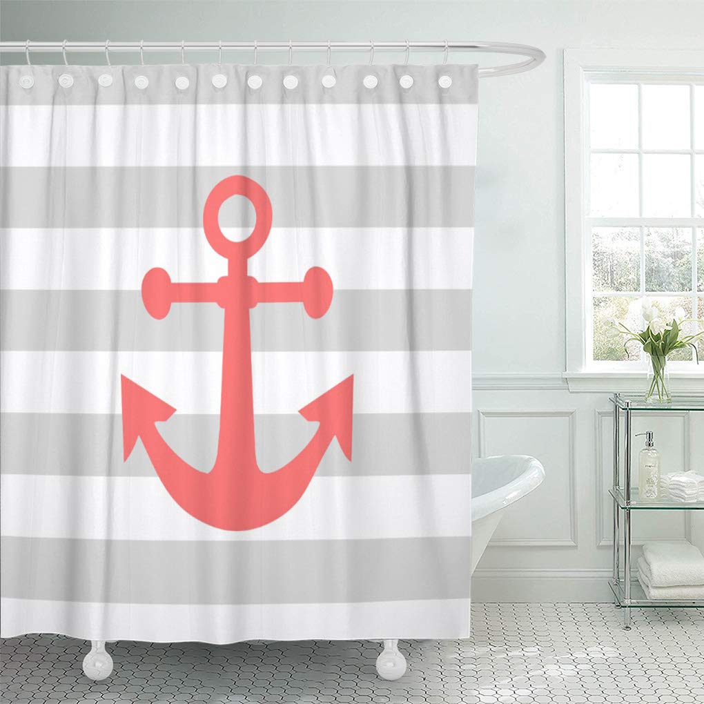 SUTTOM Modern Nautical Gray Stripes Coral Classic Girly Preppy Shower