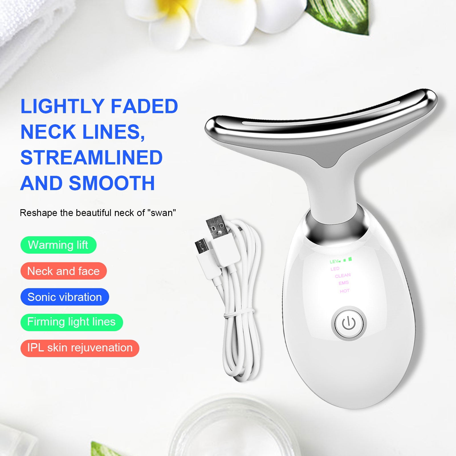 Neck Beauty Device,Face Neck Massager for Warming Lift,Skin Rejuvenation and Firming Lines,Clean/EMS/Heat/Sonic-Vibration Functions (White)