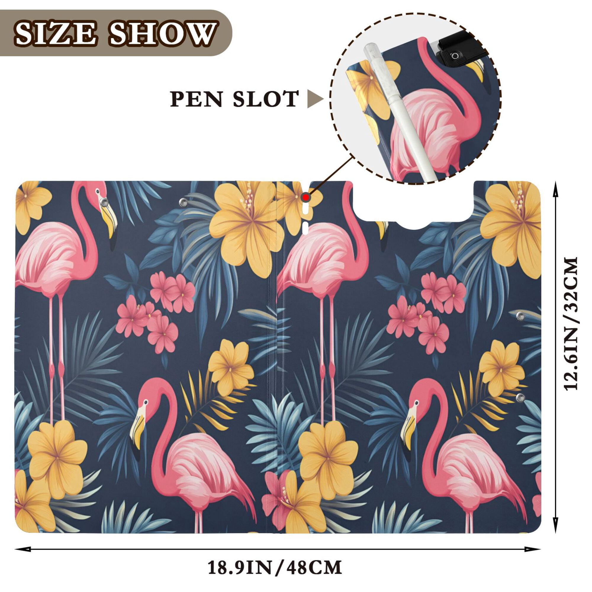 FORMRS A4 Clipboard Folder with Pen Holder Horizontal Foldable School Office Binder, Red Floral Flamingo