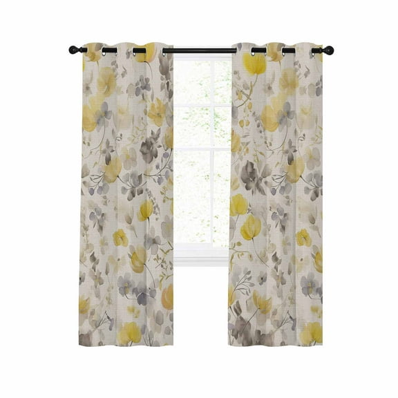 Yellow Grey Botanical Blackout Curtains 96 Inches Long for Bedroom, Spring Floral Watercolor Rustic Thermal Insulated Room Darkening Black Out Window Curtain Panels Grommet Drapes for Living Room