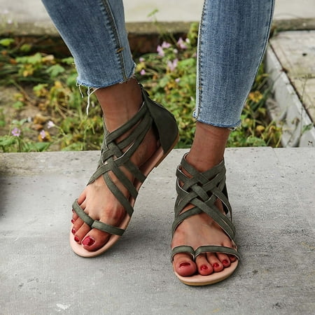 

Summer Cross-tied Zipper Flat Sandals Woven Thong Women Ladies Sandals