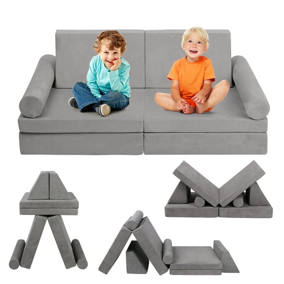 Betterhood Play Couch Sofa for Kids Imaginative Play Set, Medium, Gray, Suede Covers, Sponge Filled