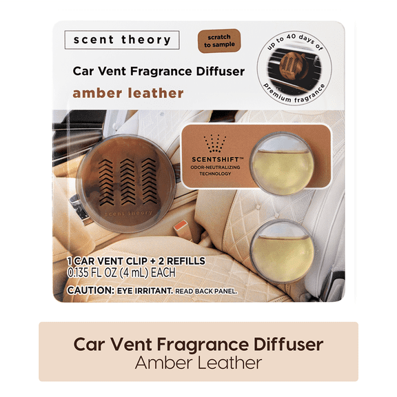 Scent Theory Fragrance Diffuser Set for Cars with 2 Refill Pods, Amber Leather