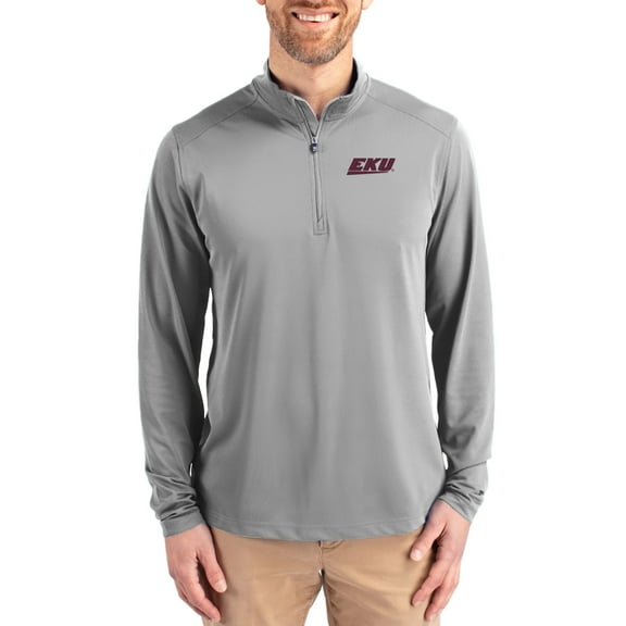 Men's-Cutter & Buck  Gray Eastern Kentucky Colonels Virtue DryTec Quarter-Zip Pullover