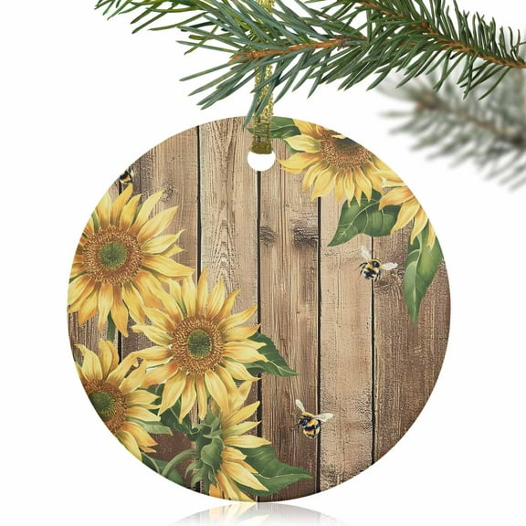 Farm Sunflower Bee Christmas Ceramic Ornament 2025,3" Round Xmas Tree Hanging Accessories with Gold Ribbon,Retro Brown Wood Board Pendant Ornaments for Holiday Gift Home Party Decor