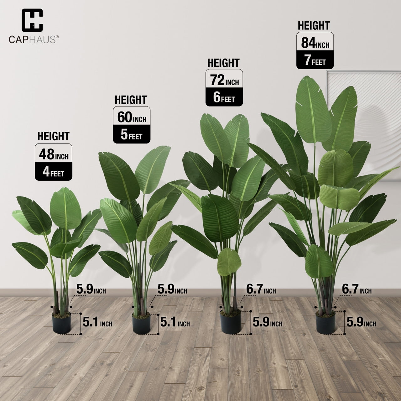 CAPHAUS Artificial Bird of Paradise, Fake Palm Tree Potted Plant, Faux Banana Leaf Tree Plant in Pot with Dried Moss for Office, Indoor, Outdoor, 4 Feet, 48 Inch with 8 Trunks