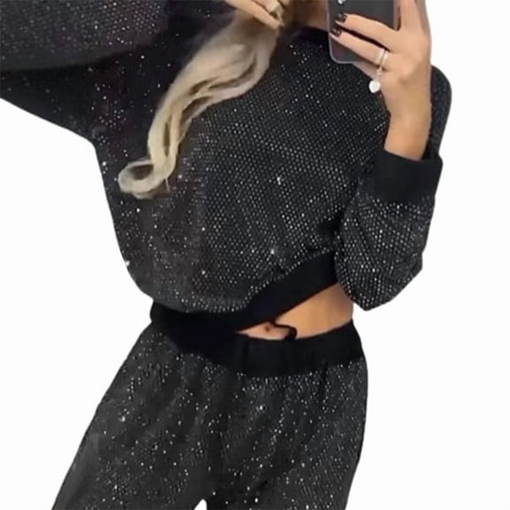 Sparkly Sequin Lounge Sets Crew Neck Long Sleeve Sweatshirt and High Waist Wide Leg Pants Black XXL