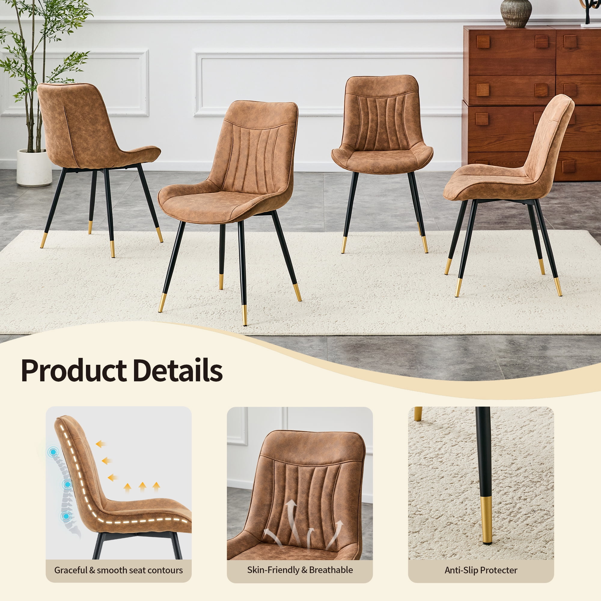 Leumius Dining Chairs Set of 2, Tech Fabric Upholstered Dining Chairs with Semi-Gloss Black Metal Legs, Gold-Trimmed Adjustable Non-Slip Feet, Vertical-Stitched High Back for Dining Room Brown