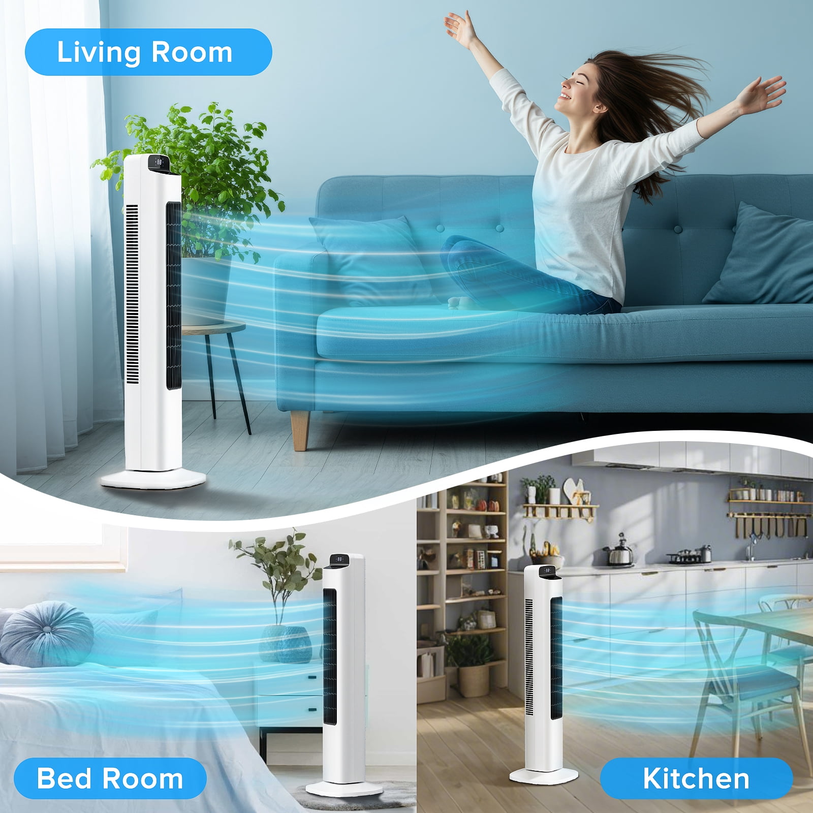 Moifoi 37 inch Tower Fan for Home, 80°Oscillating Bladeless Standing Floor Fan for Large Room, 6Speeds 4 Modes ,12H Timer with Remote,White