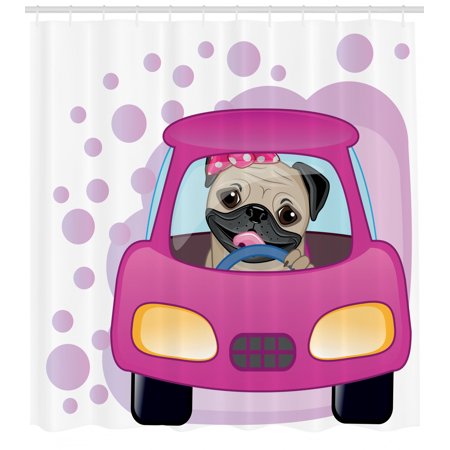 Pug Shower Curtain Dog Driving On The Cute Pink Car Girly Design