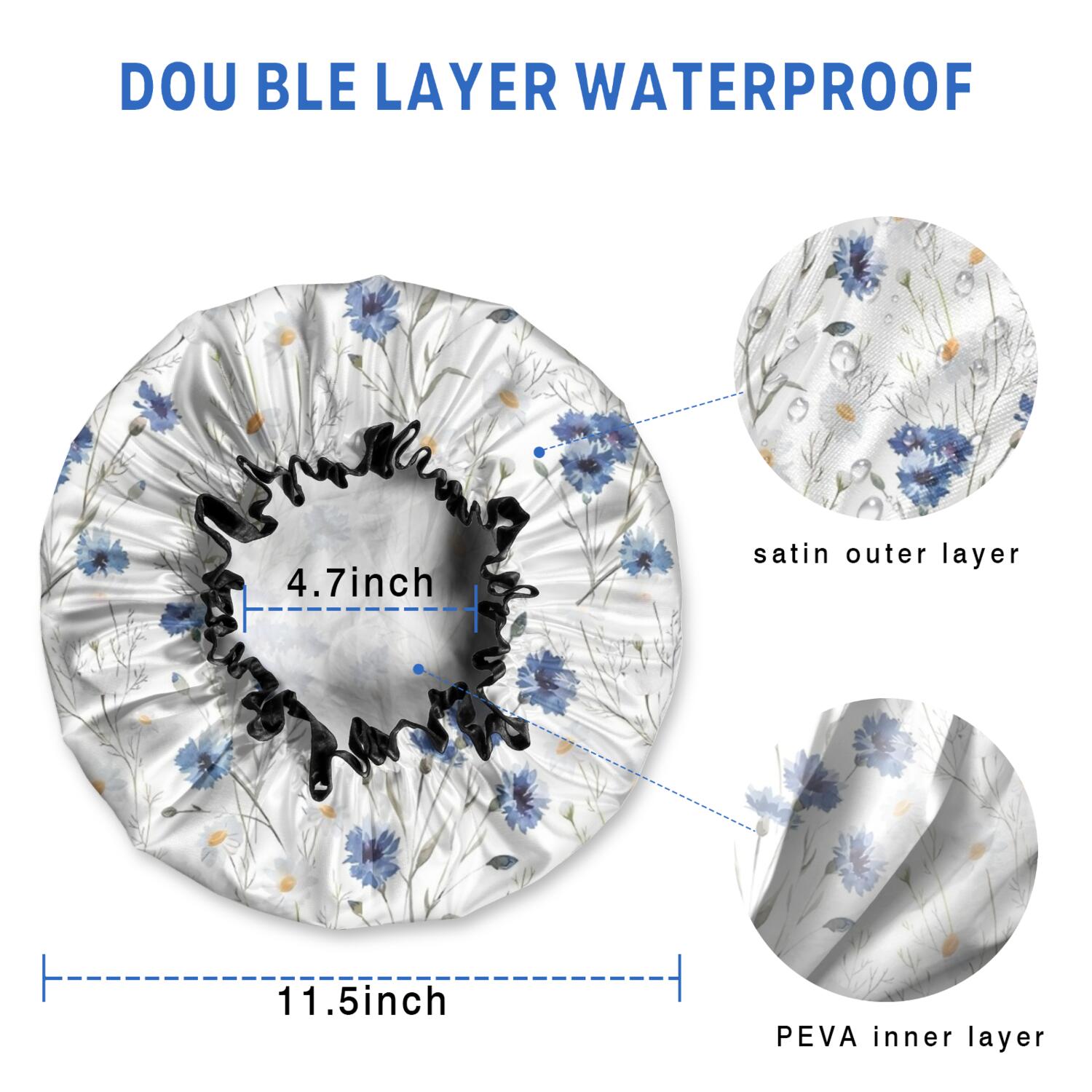 Shower Caps,White Daisy Flower Pattern Waterproof Shower Cap for Women 4 Pieces,Double Reusable Hair Cover for Shower PEVA Elastic Stretch Hem
