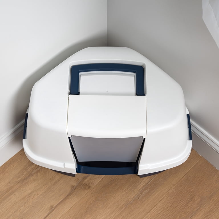 Large Enclosed Corner Cat Litter Box with Lid, Navy/White photo 3