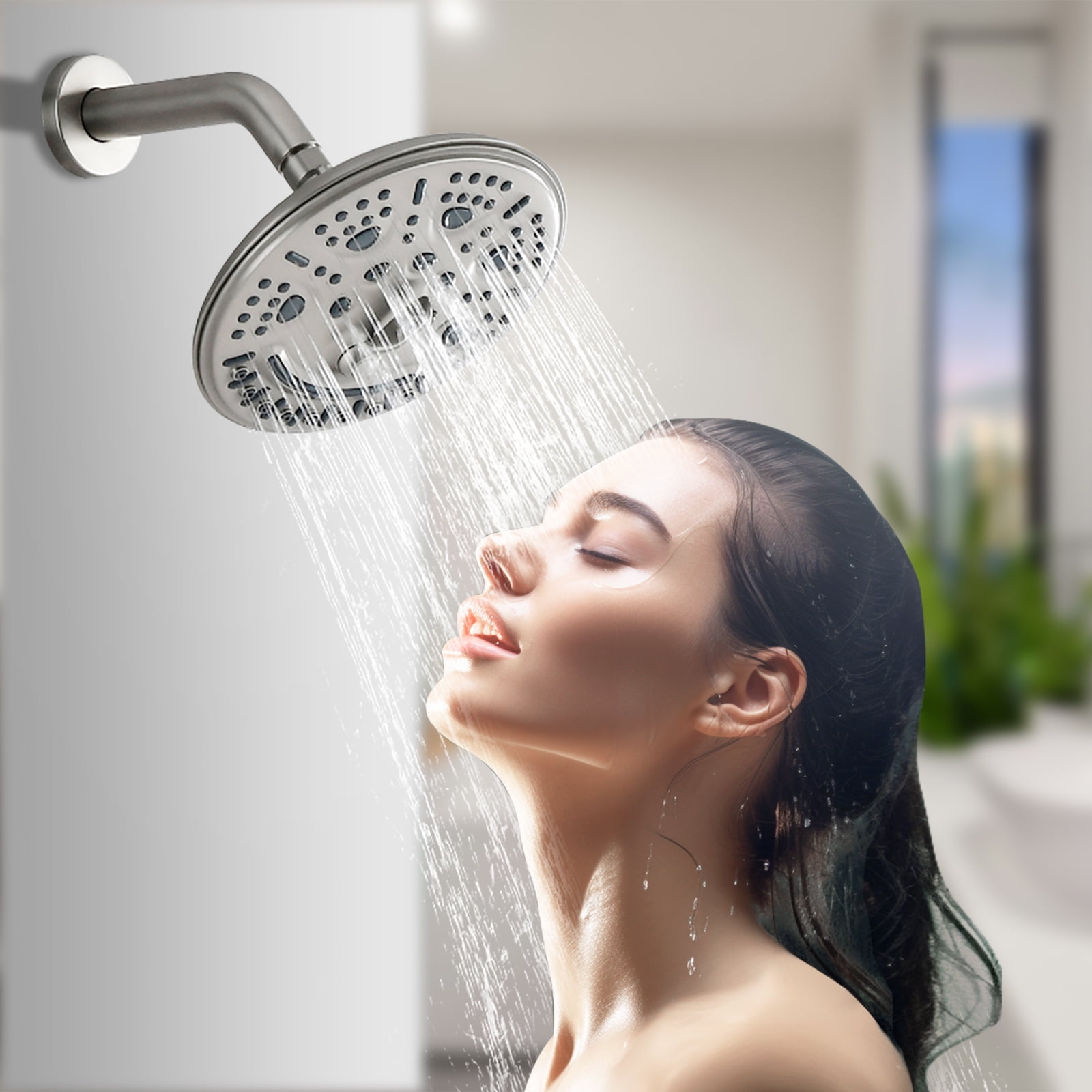 Cobbe 8-Inch Single Handle Bathroom Rain Shower Head Set with 6-Spray Patterns ABS Rainshower Showerhead Brushed Nickel