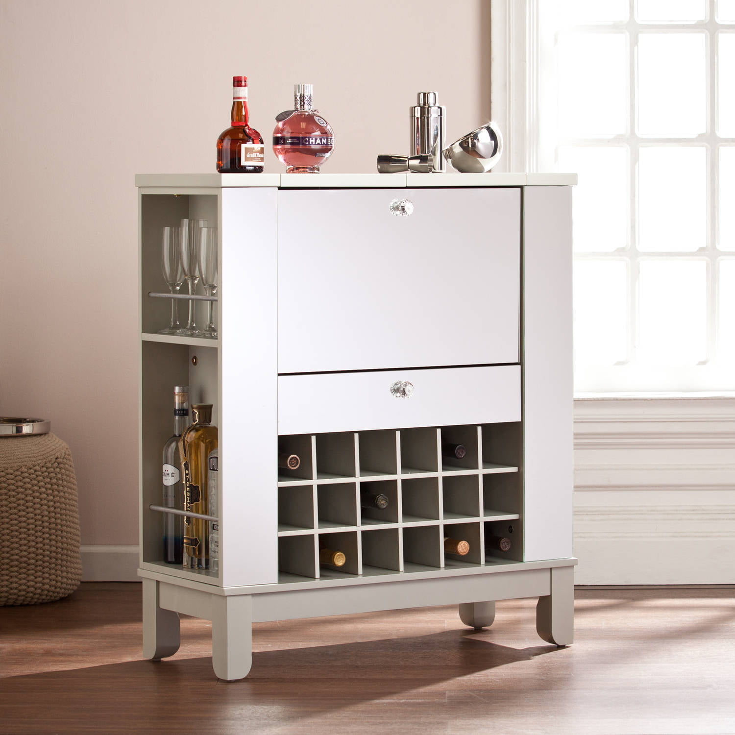 Illusions Mirrored Fold Out Wine Bar, Fold Away Home Bar Cabinet