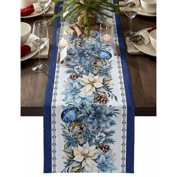 Navy Blue Christmas Dresser Scarf Farmhouse, Dining Table Decorations for Wedding/Parties, Poinsettia Xmas Ball Berry Winter Table Runner 72 Inches Long for Kitchen Dining, 18 x 72 In