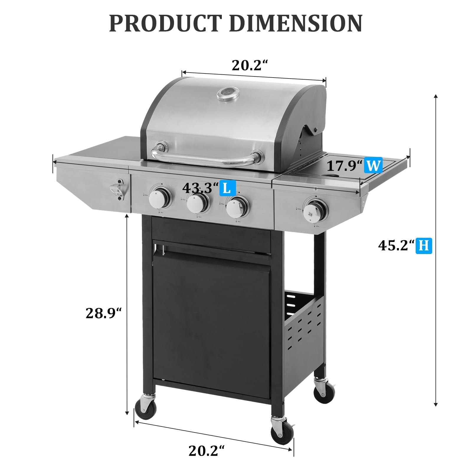 Vantic 3-Burner Propane Gas BBQ Grill with Side Burner & Porcelain-Enameled Cast Iron Grates Built-in Thermometer, 37,000 BTU Outdoor Cooking, Patio, Garden Barbecue Grill, Black and Silver