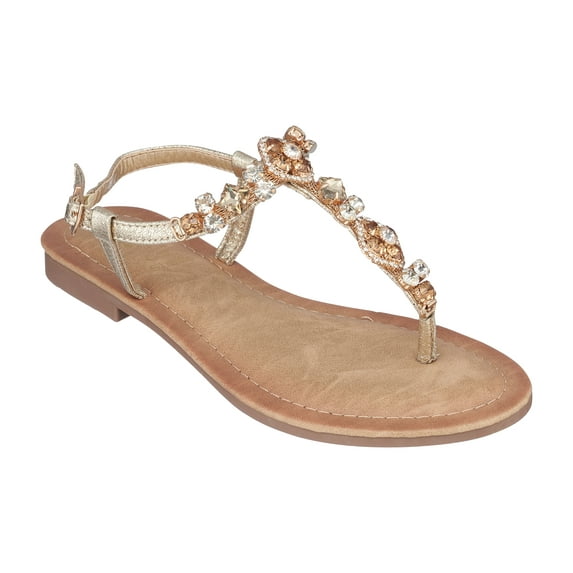 GC Shoes Women's Jeweled T Strap Flat Sandals, Dressy Summer Ankle Buckle Flats, Comfortable Fashion Sandal, Ann/Gold/9.5