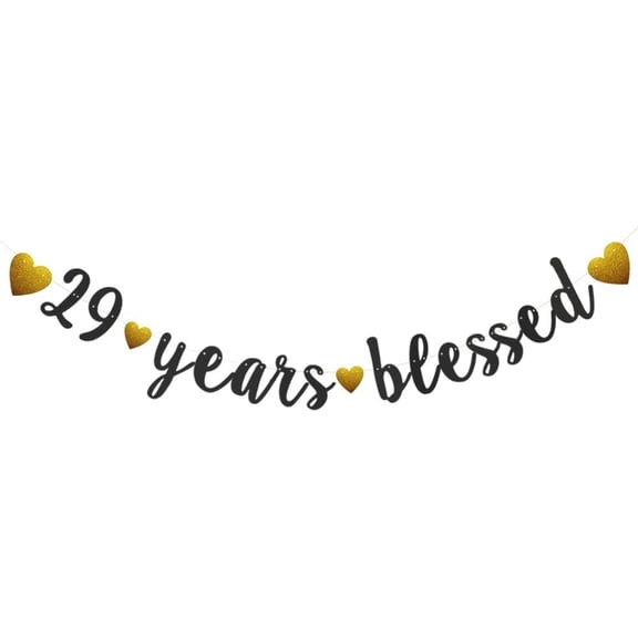 29 Years Blessed Banner, Pre-Strung, Black Glitter Paper Banner for 29th Birthday Party 29th Wedding Anniversary Party Decorations Supplies, No Assembly Required,Letters Black,