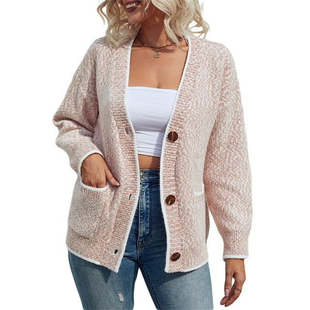 Honganda Women's V-Neck Knit Cardigan Contrast Color Long Sleeve Pockets Button-front Closure Sweaters