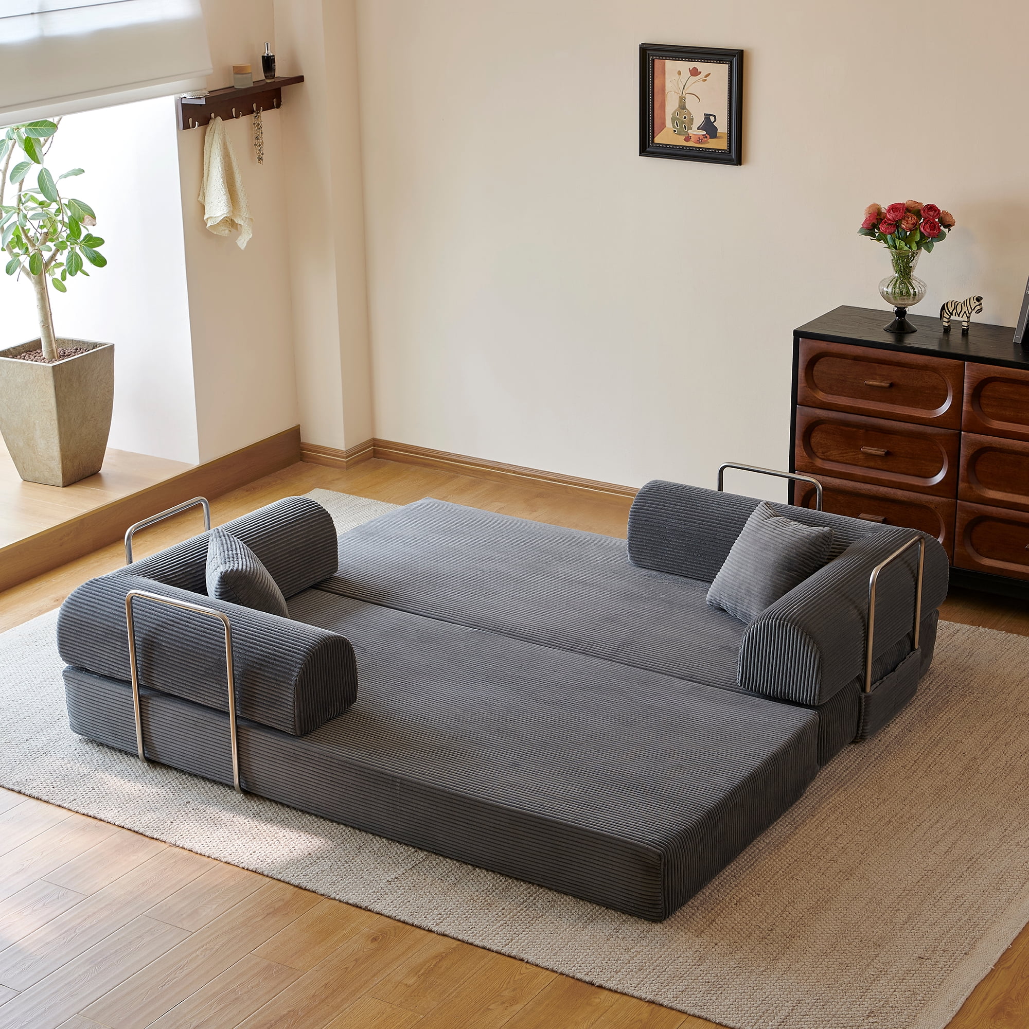 Howcool 79" Boneless Sleeper Sofa Bed, 2-in-1 Pull Out Convertible Loveseat Couch with 2 Throw Pillows, Corduroy Futon Floor Sofa for Living Room, No Assembly Required, Grey