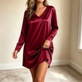 thumbnail image 2 of SAWOBUUN Women Satin Nightgown Long Sleeve V Neck Silk Slip Sleep Dress Loose Short Nightshirt Silky Soft Loungewear Chemise Nightwear, 2 of 8