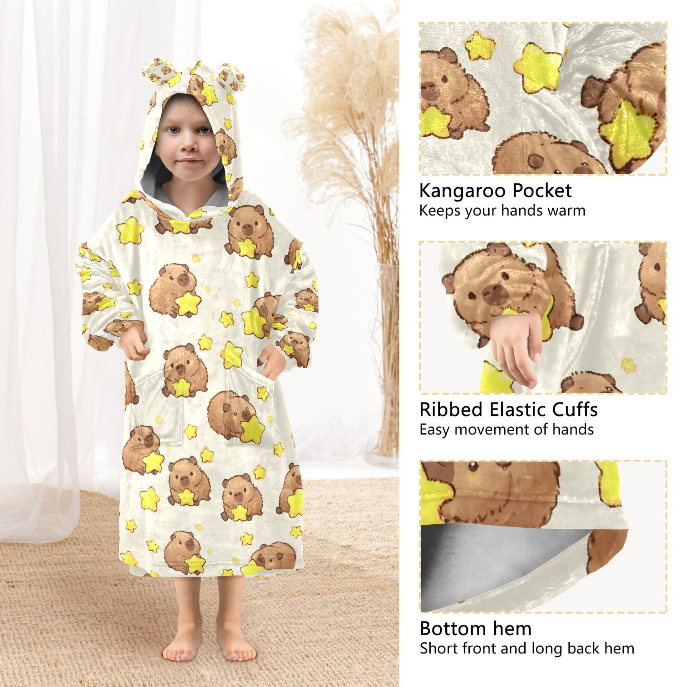 Wearable Blanket Hoodie for Capybara Star Flannel Hooded Blanket with Pockets and Sleeves Suitable