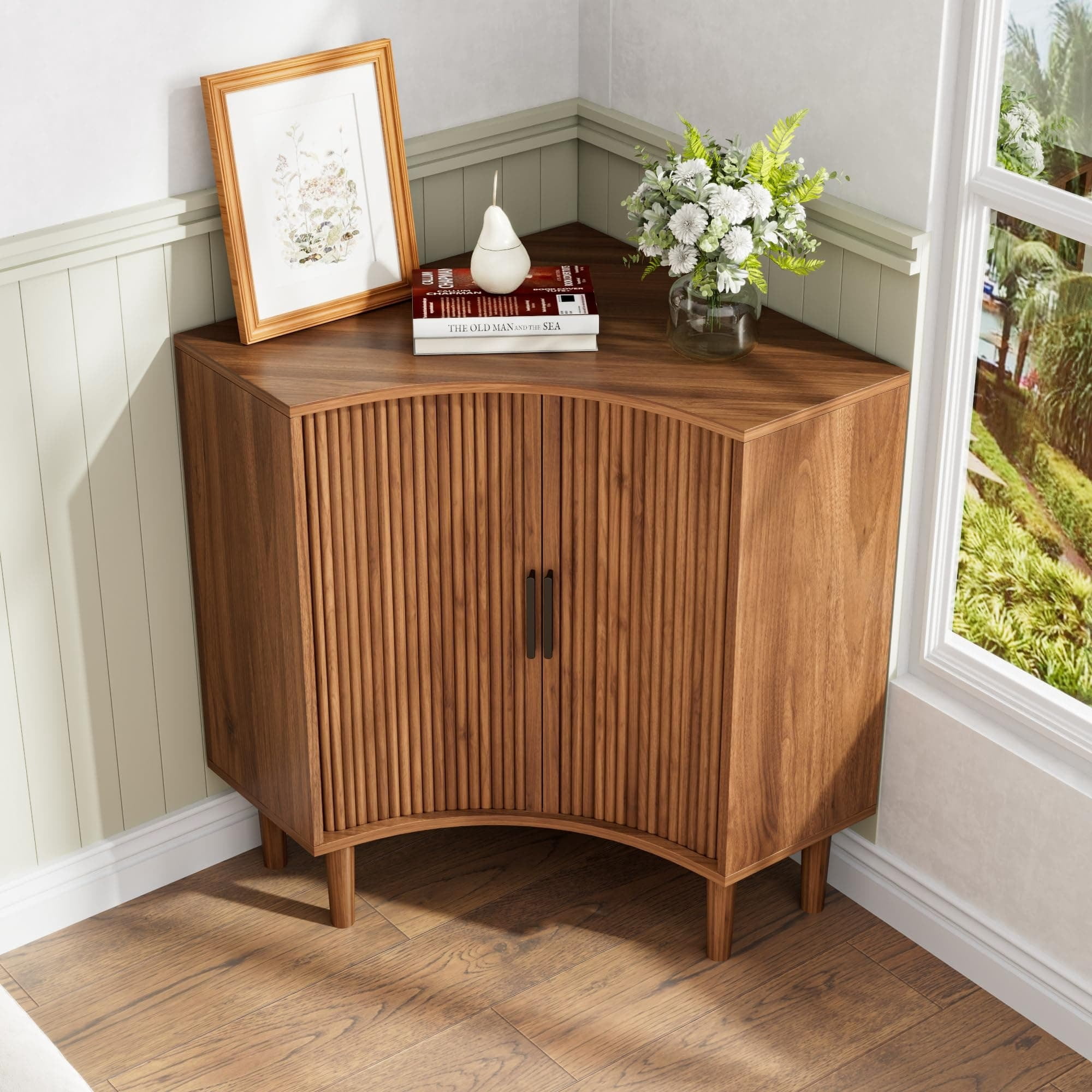 Modern Fluted Corner Cabinet with Sliding Doors, Small Wood Corner Storage for Small Space, Walnut