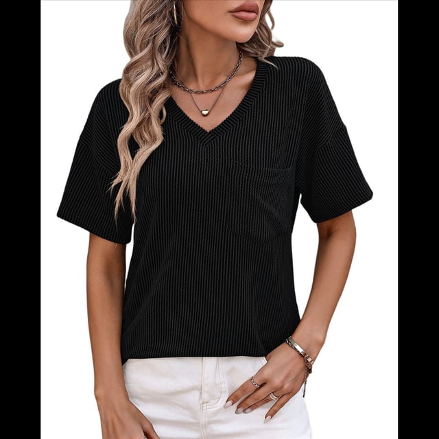 Blusas de Verano con Cuello en V para Mujer, Camisetas Extragrandes, Blusas de Corta para Mujer, Atuendos Informales Elegantes para el Trabajo. Negro XXL