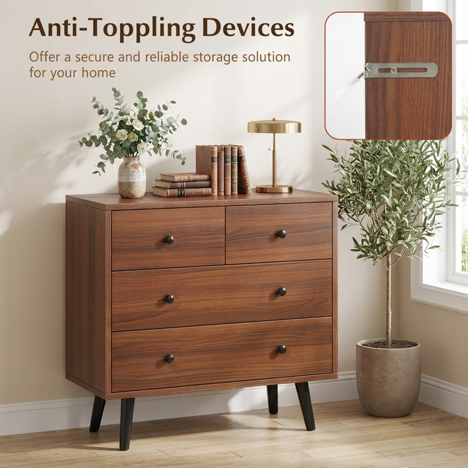 Furnibear Wide Wooden Dresser with 4 Drawers for Bedroom Living Room for Bedroom Closet Living Room Nursery Clothes Storage, Walnut