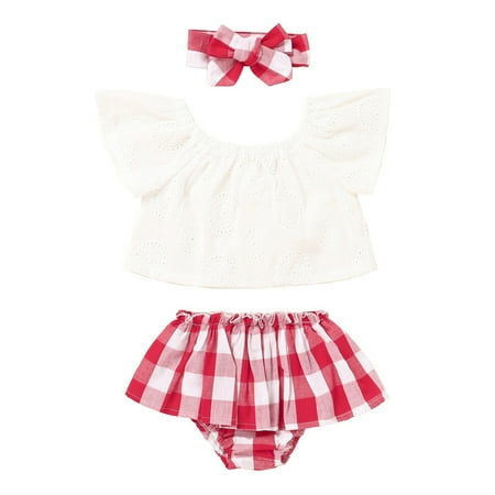 

Infant Baby Girls Lace Off Shoulder Short T Shirts Tops Ruffled Plaid Shorts Headband Outfits Set 0-24 Months