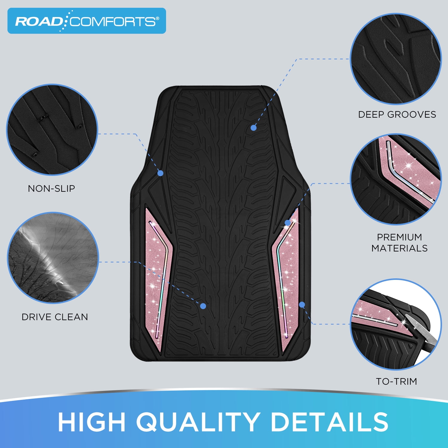Road Comforts Glitter Car Floor Mats, Glitter Rubber Floor Mats Full Set,Shiny Sparkle Design, Universal Fit, Easy to Clean, Anti-Slip Protection Pink