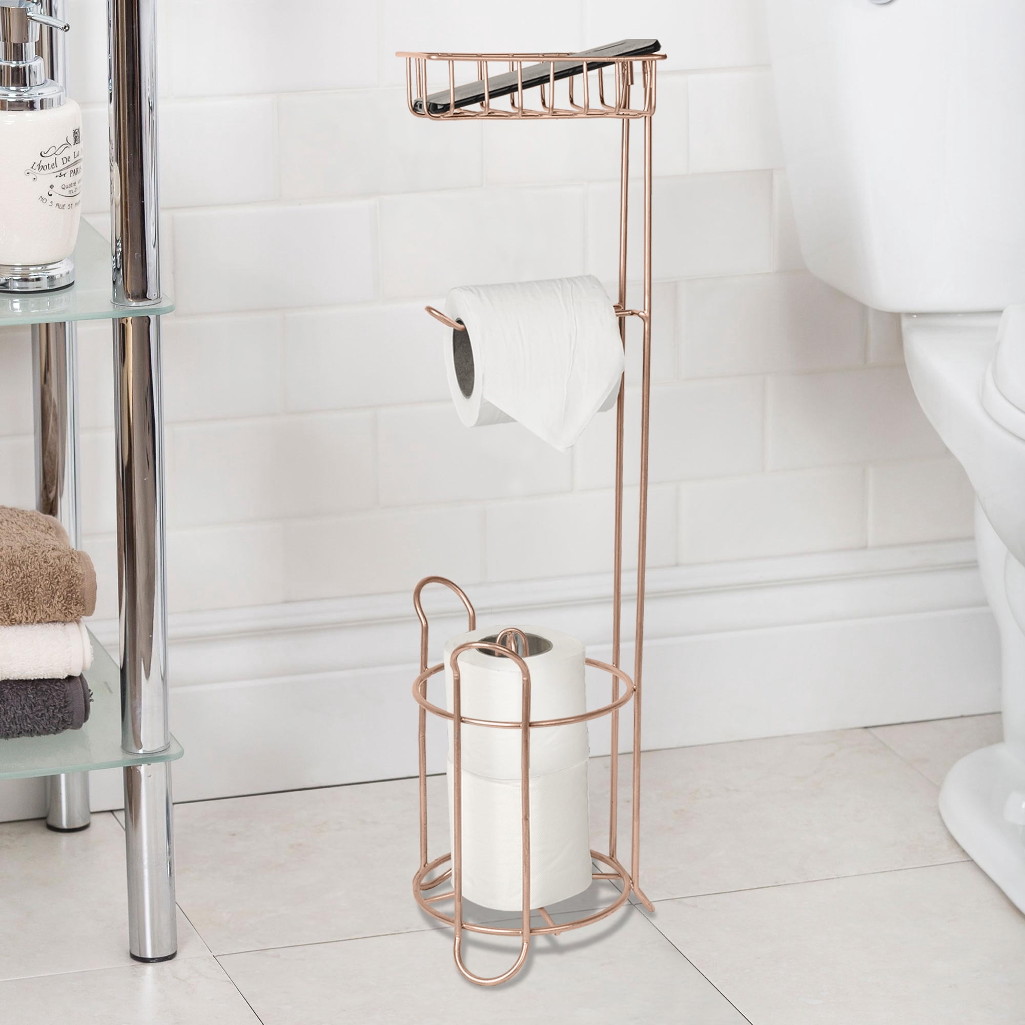 nu steel Freestanding Metal Wire Toilet Paper Holder Stand and Dispenser Shelf for Cell,Mobile Phone-Bathroom Storage Organization-Holds 3 Mega Rolls, Copper
