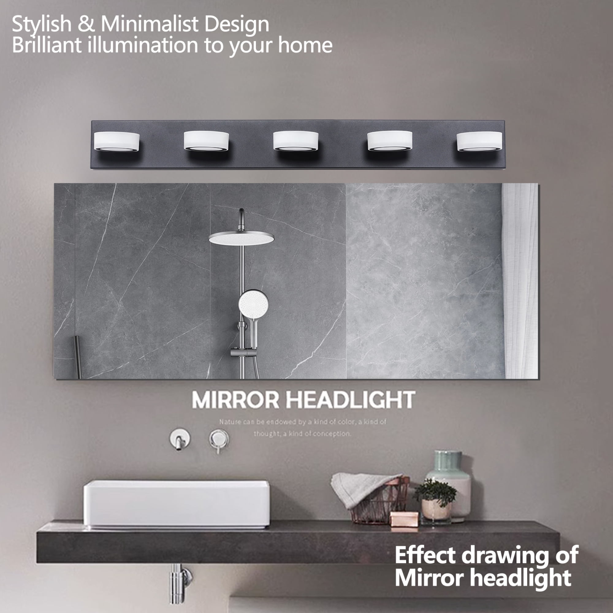 Leumius Modern 5-Light LED Vanity Light Fixture, Black Finish with Acrylic Light Shades, Energy-Efficient Bathroom Wall Sconce, Dimmable for Mirror, Shower and Bathroom Decor