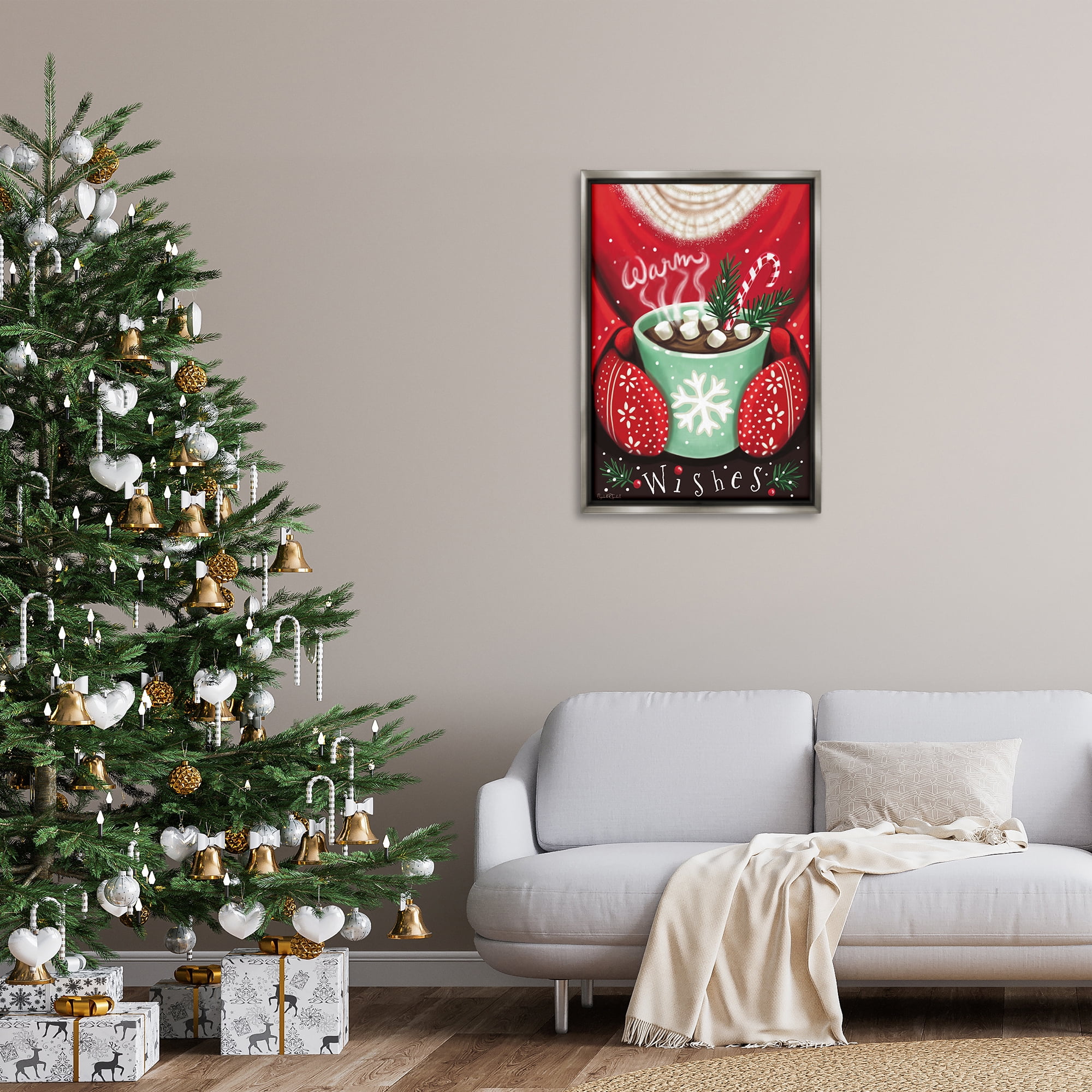 Stupell Industries Warm Wishes Hot Cocoa Holiday Painting Gray Floater Framed Art Print Wall Art, 21 x 31