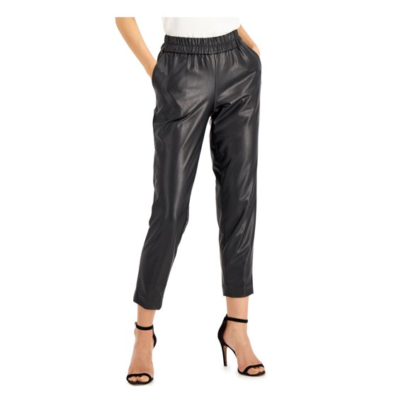 ANNE KLEIN Womens Black Faux Leather Pocketed Mid-rise Cinched Waist Slim Ankl Pants L