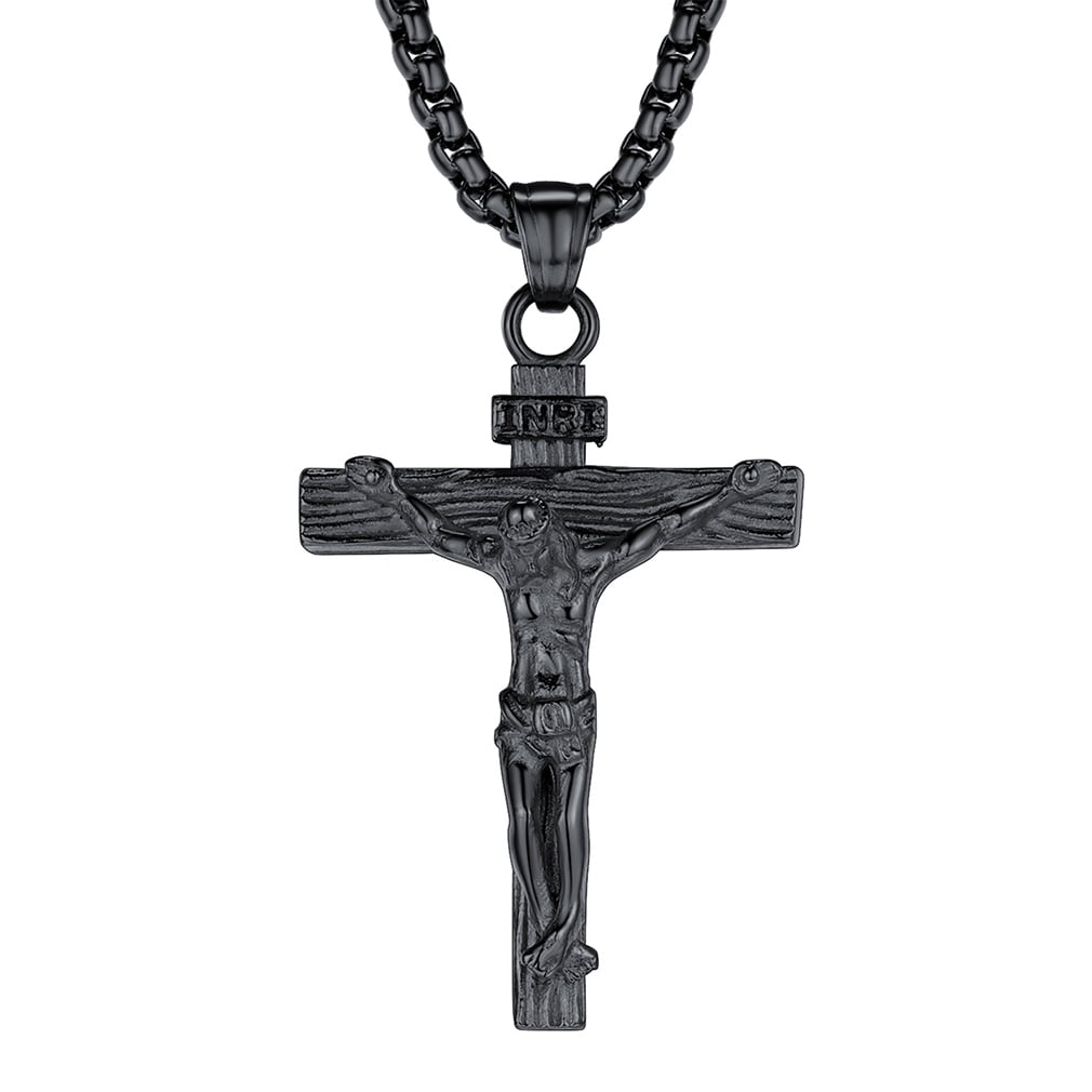 FaithHeart INRI Crucifix Cross Necklace for Men Black Stainless Steel Christian Jesus Piece Pendant Religious Church Praying Jewelry Father's Day Gift for Dad