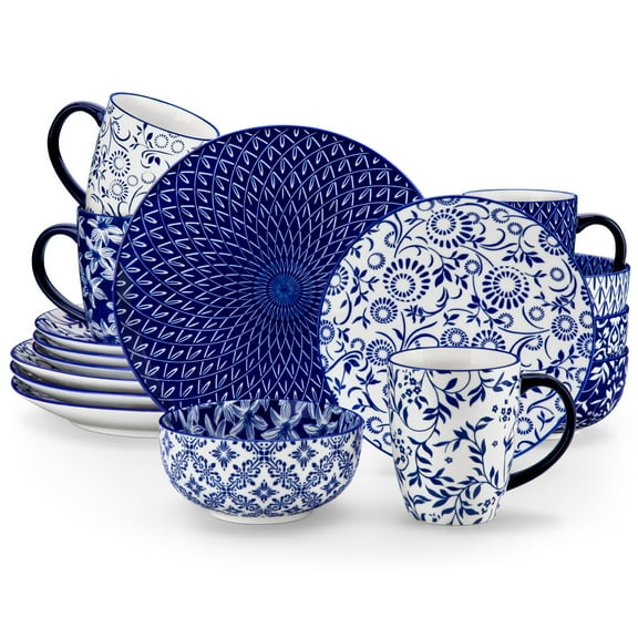 MALACASA 16 Piece Dinnerware Set for 4, Hand Painted Blue and White Porcelain Dish Set, Plates and Bowls Sets Safe for Dishwasher, Dish with Cups